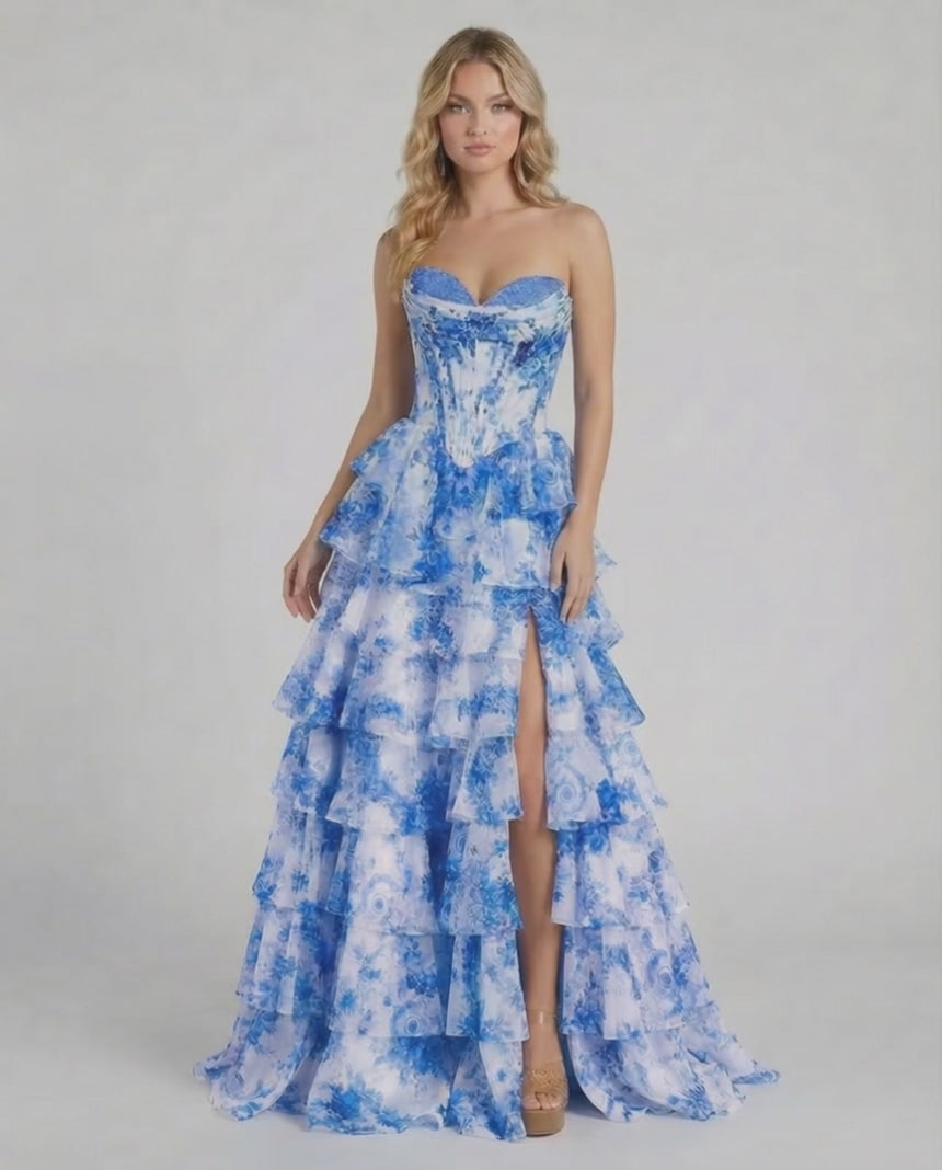 Azura Maxi Dress by Lauven - Blue floral tiered chiffon gown with structured corset and high slit.