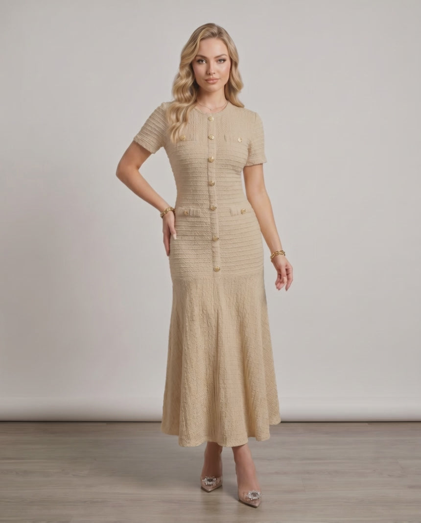 Aureline Maxi Dress from Lauven, textured knit with round neck, refined silhouette, and gently flared hem for fluid movement.