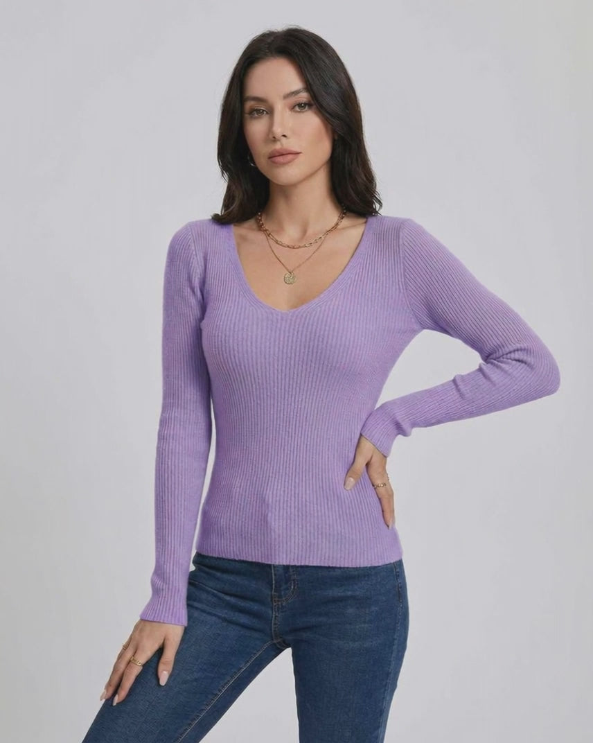 Lavender Bloom Pullover by Lauven, women's V-neck pullover sweater in light purple, slim fit long sleeve top.