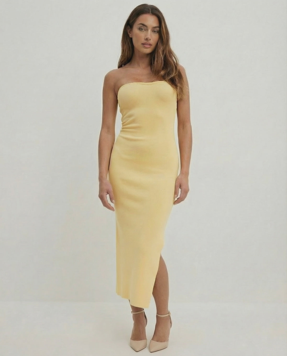 Celeste Midi Dress by Lauven - Elegant strapless sheath in soft yellow, perfect for spring 2024.