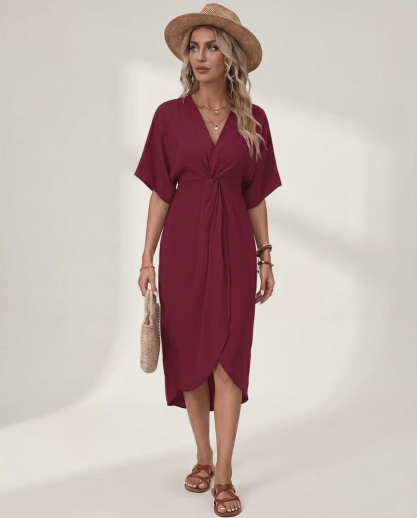 Elara Midi Dress by Lauven — premium short sleeve V-neck wrap style midi dress