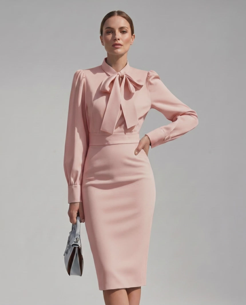Celestine Midi Dress by Lauven — satin blend long sleeve bow neck pencil midi dress