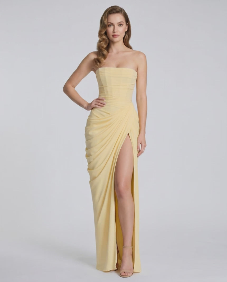 Noiré Maxi Dress by Lauven — stretch blend sleeveless strapless draped maxi dress