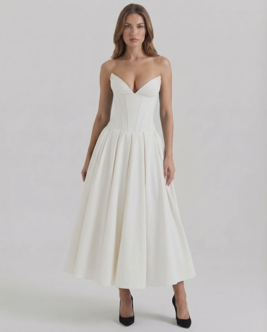 Luna Midi Dress by Lauven - Elegant strapless white A-line ankle-length dress, perfect for formal events.