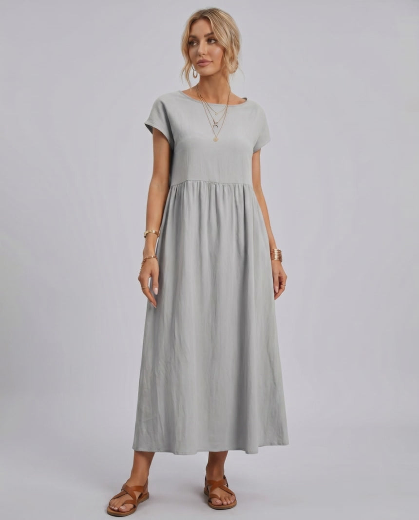 Solenne Midi Dress by Lauven — cotton linen short sleeve o-neck loose midi dress