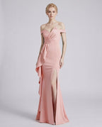 Veloura Maxi Dress by Lauven — polyester spandex off-the-shoulder mermaid maxi dress with slit