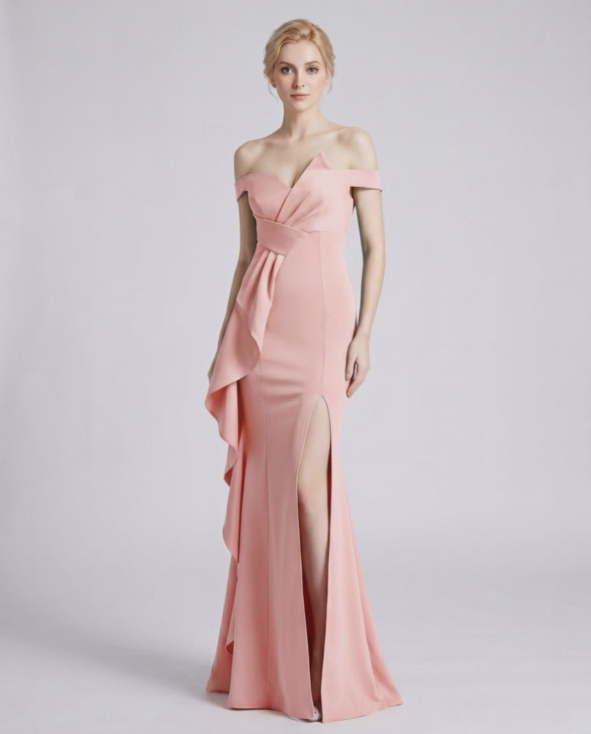 Veloura Maxi Dress by Lauven — polyester spandex off-the-shoulder mermaid maxi dress with slit