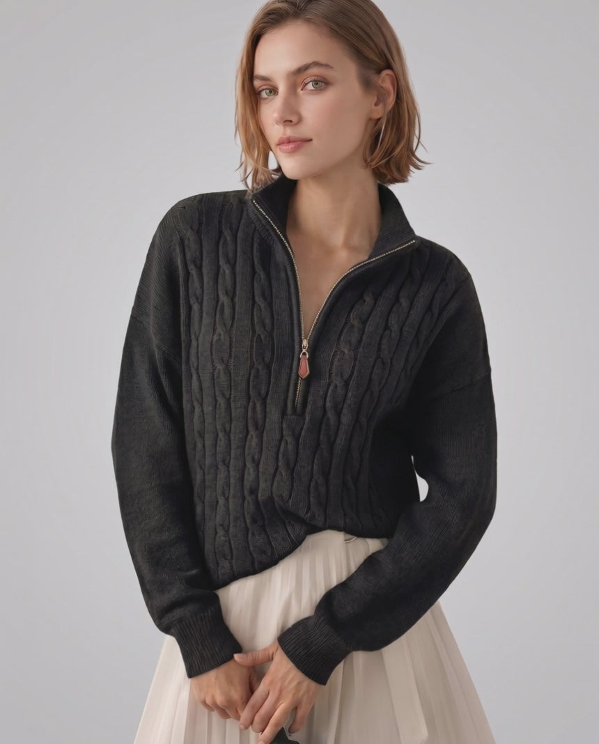 Veloura Sweater by Lauven — women’s cable knit half-zip sweater with ribbed texture and relaxed fit