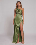 Veloura Maxi Dress by Lauven — satin one-shoulder mermaid maxi dress with slit