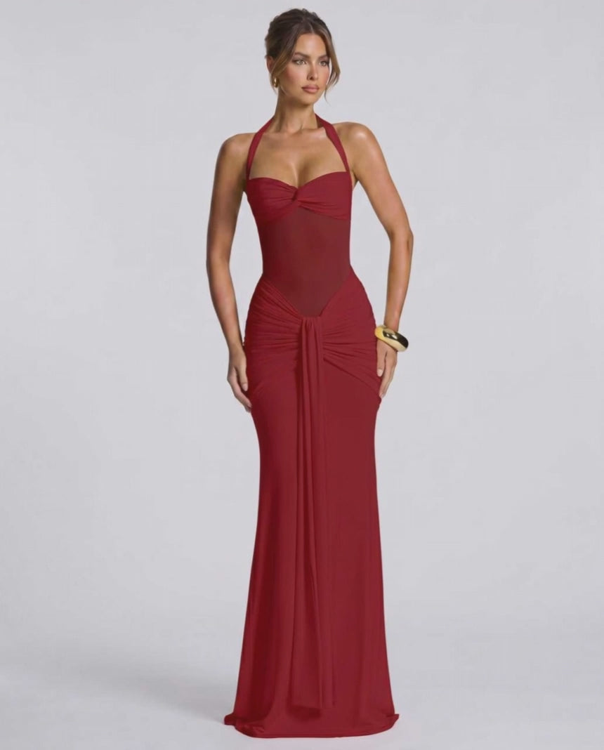 Solvane Maxi Dress by Lauven — stretch mesh sleeveless halter neck slim fit maxi dress