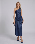 Seraphine Midi Dress by Lauven — satin sleeveless one-shoulder draped sheath midi dress