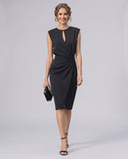 Velmira Midi Dress by Lauven — sleeveless keyhole wrap midi dress with ruched waist