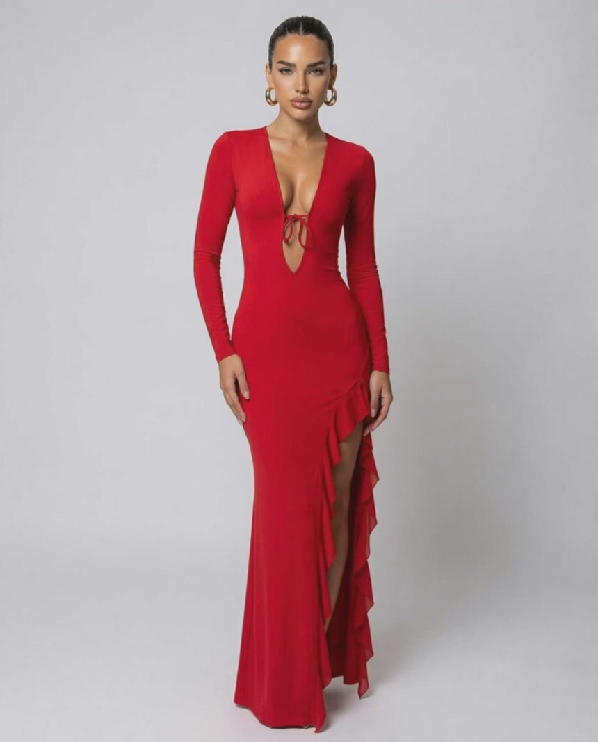 Valencia Maxi Dress by Lauven - Red dress with deep V-neck, ruffle slit, and long sleeves for a bold, modern look.