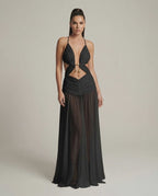 Eclipse Maxi Dress featuring a deep V-neck, cut-out detail, and flowing silhouette by Lauven, perfect for elegance.