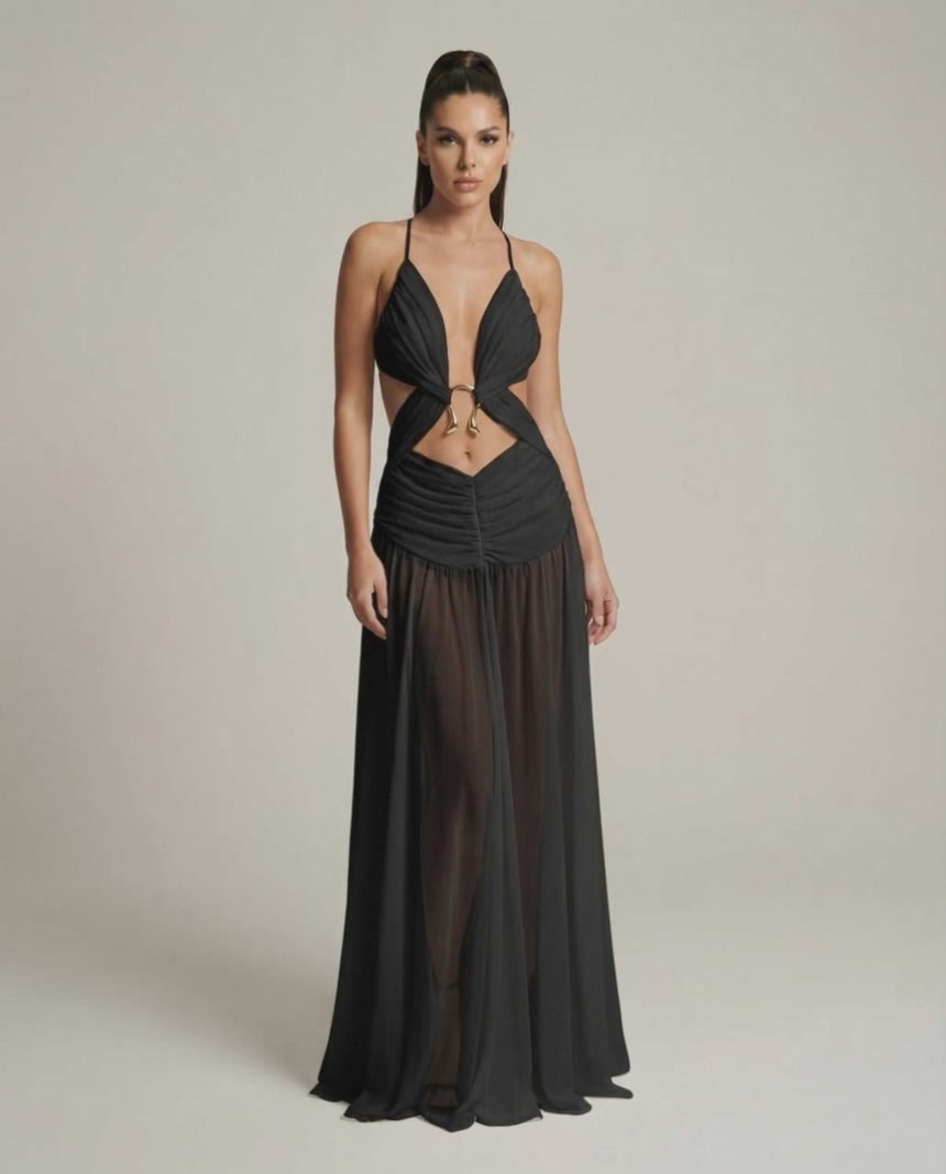 Eclipse Maxi Dress featuring a deep V-neck, cut-out detail, and flowing silhouette by Lauven, perfect for elegance.