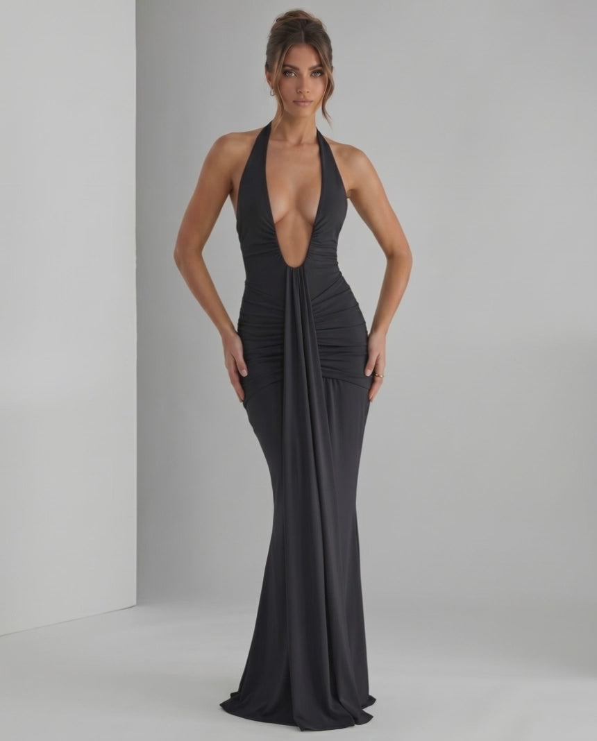 Aurelia Maxi Dress in stretch jersey with halter neck, sleek fit, and subtle ruching by Lauven for elevated occasions.