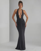 Aurelia Maxi Dress in stretch jersey with halter neck, sleek fit, and subtle ruching by Lauven for elevated occasions.