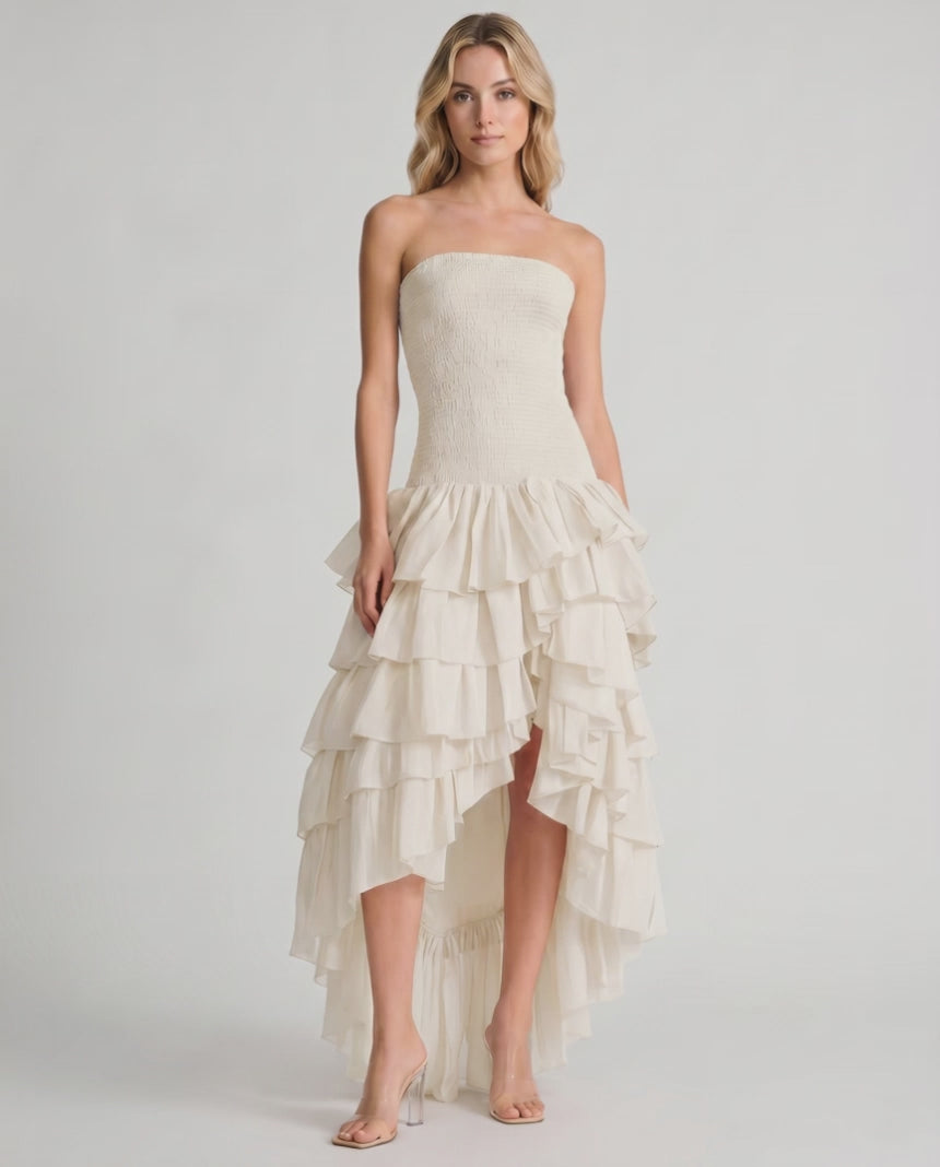 Celestia Maxi Dress by Lauven — chiffon strapless sleeveless tiered high-low maxi dress