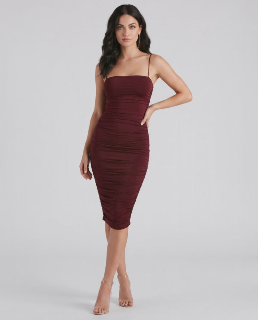 Velora Midi Dress by Lauven — smooth knit sleeveless square neck ruched slim midi dress