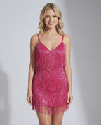 Rosa Mini Dress by Lauven - Pink Sequin Fringe Mini Dress with vibrant fringe and V-neckline for party glamour.