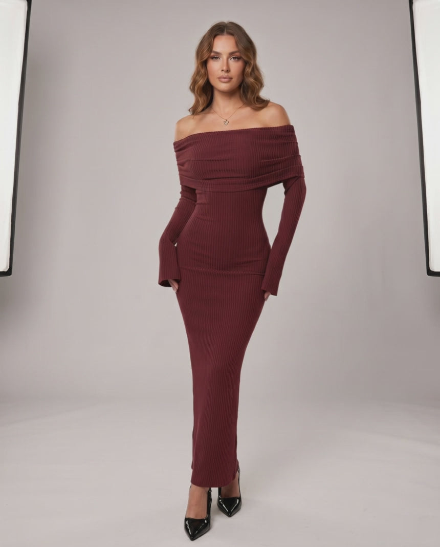 Velora Maxi Dress by Lauven — ribbed knit long sleeve off-shoulder bodycon maxi dress