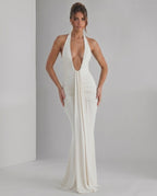 Aurelia Maxi Dress featuring sleek stretch jersey fabric, halter neck, and body-skimming silhouette by Lauven.