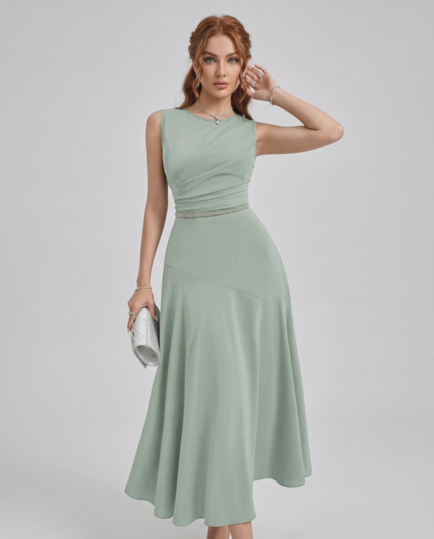 Aurelle Midi Dress by Lauven — chiffon sleeveless round neck A-line midi dress
