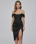 Seraphine Midi Dress in black satin featuring a strapless corset, high slit, and elegant silhouette by Lauven.