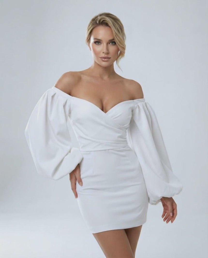 Ivory Mini Dress by Lauven, showcasing an off-shoulder design and puff sleeves in luxurious satin.