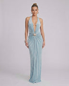 Aurelis Maxi Dress in blue, featuring a deep V-neck, gathered waist detail, and smooth Polyester Spandex blend by Lauven.