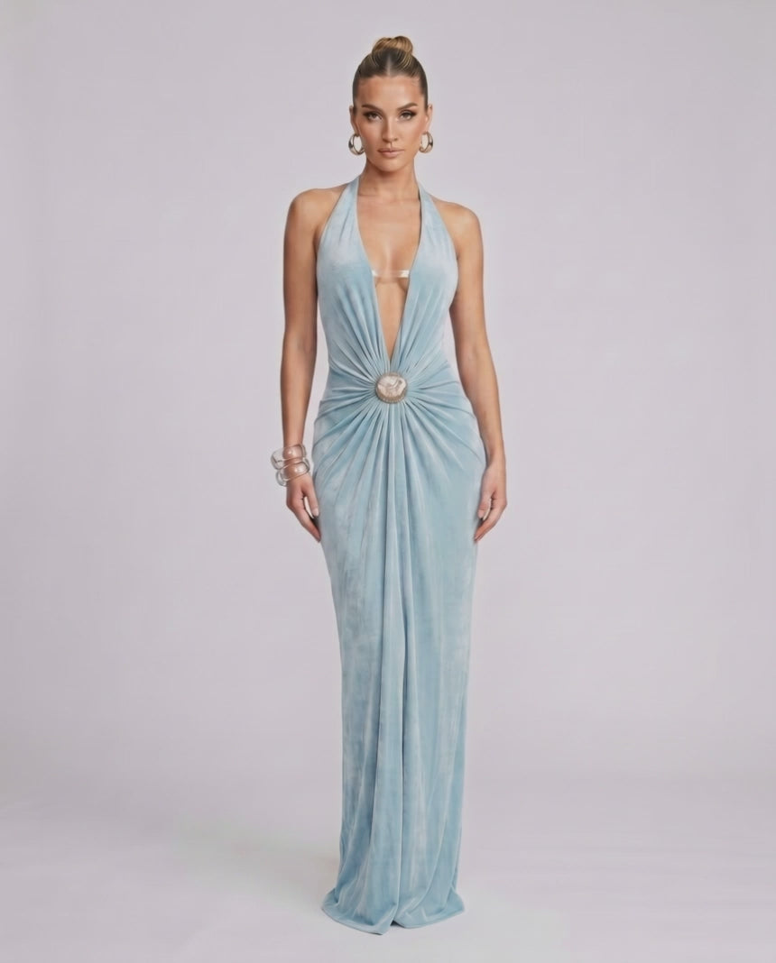 Aurelis Maxi Dress in blue, featuring a deep V-neck, gathered waist detail, and smooth Polyester Spandex blend by Lauven.