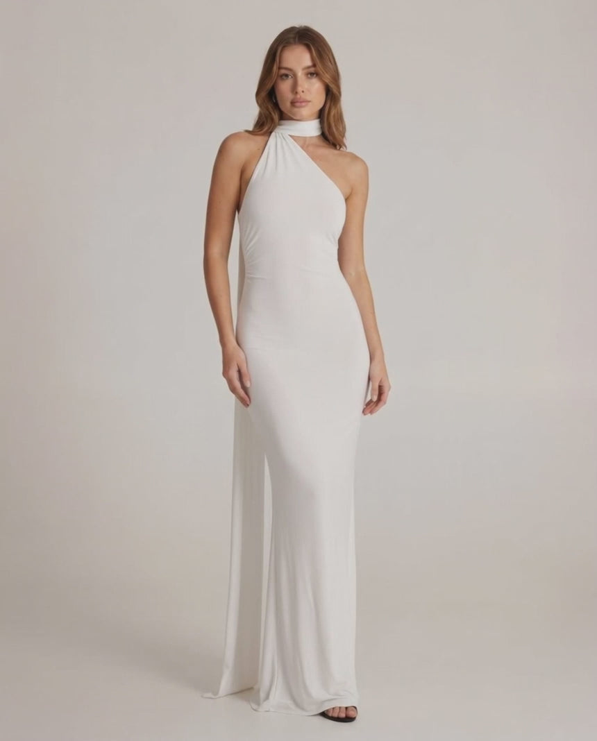 Elara Maxi Dress - White halter neck dress with open back, elegant elongation, from Lauven.