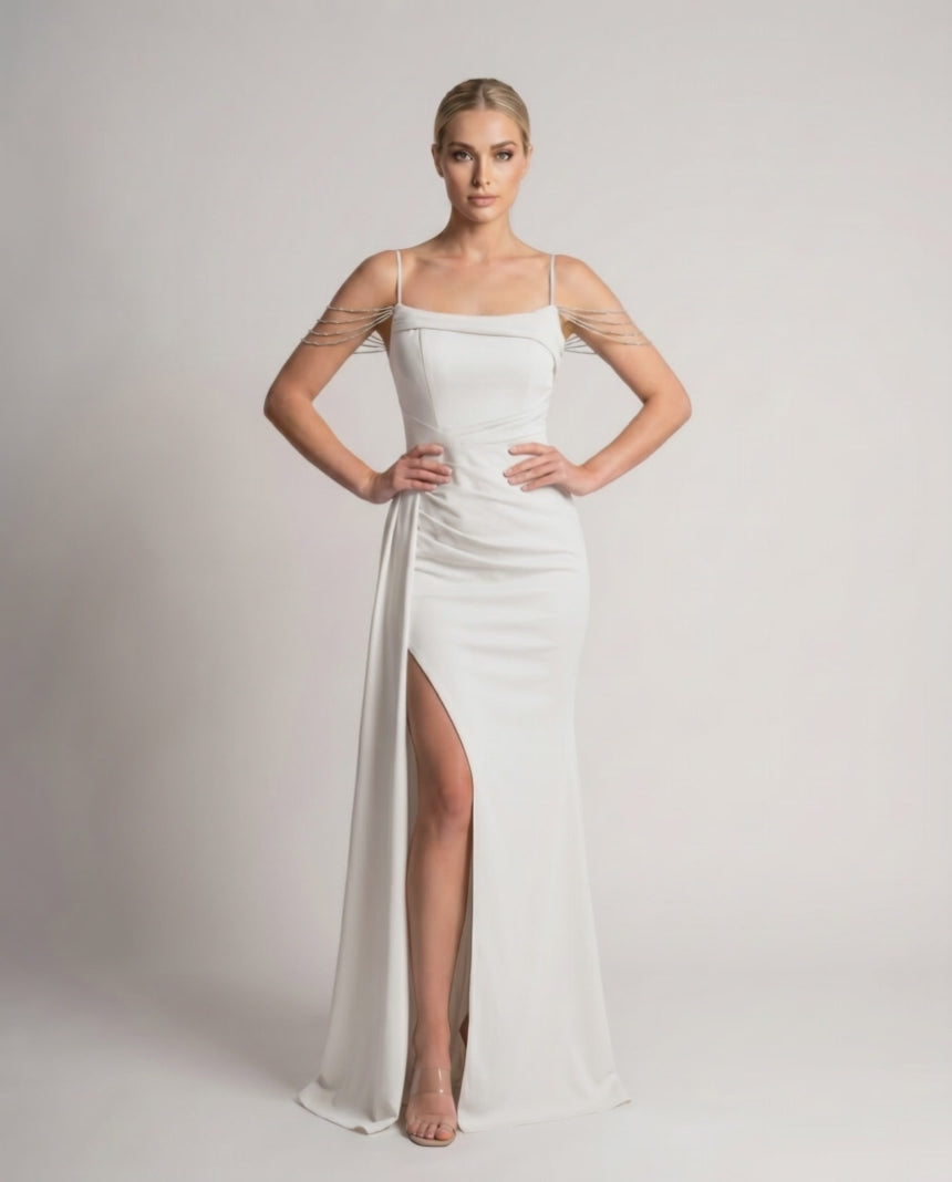 Celestia Maxi Dress by Lauven — polyester spaghetti strap mermaid maxi dress with beading and split