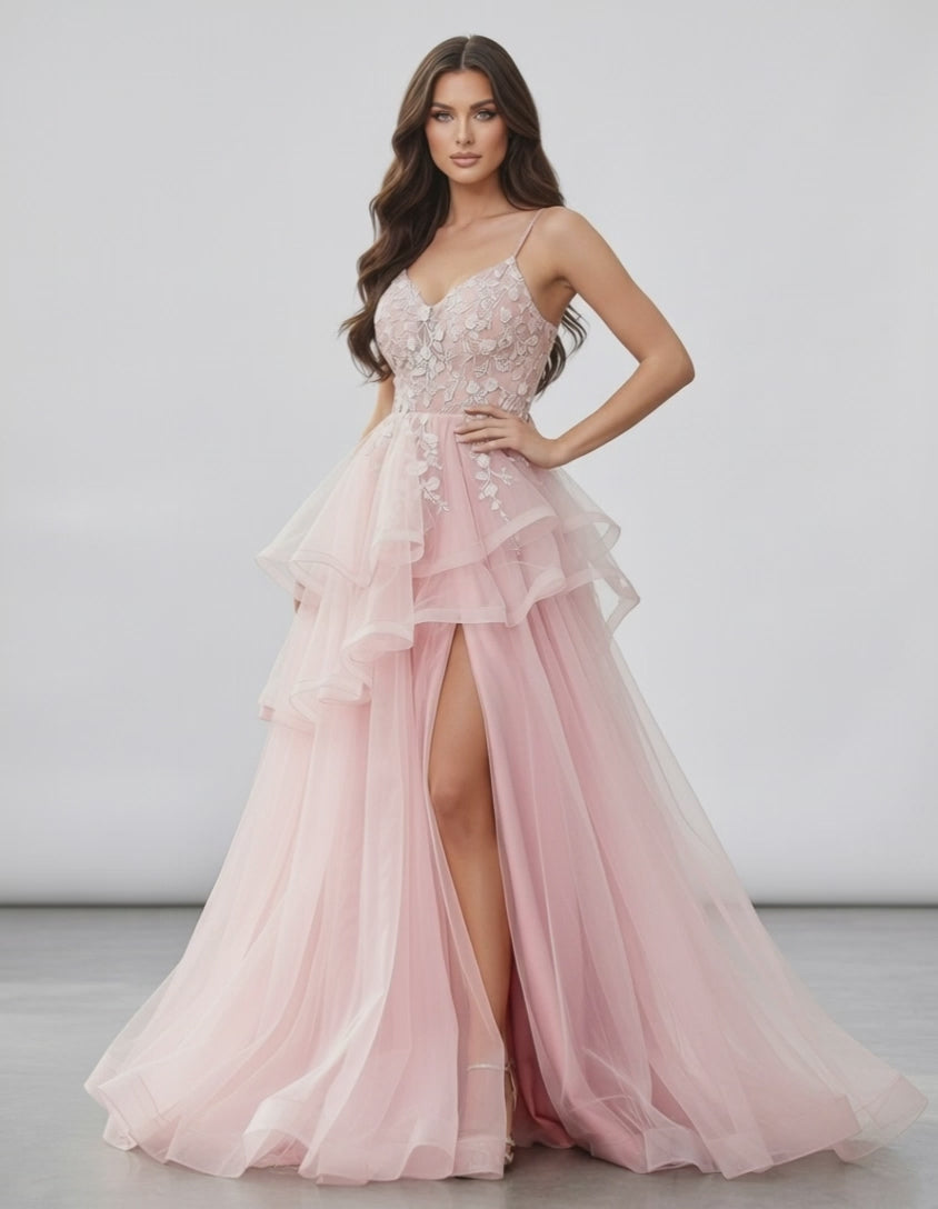 Roselle Maxi Dress featuring blush pink tulle, lace bodice, high slit, and elegant silhouette by Lauven.