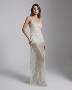 Elara Maxi Dress by Lauven, white sequin dress with strappy back and sheer overlay, elegant and luminous design.