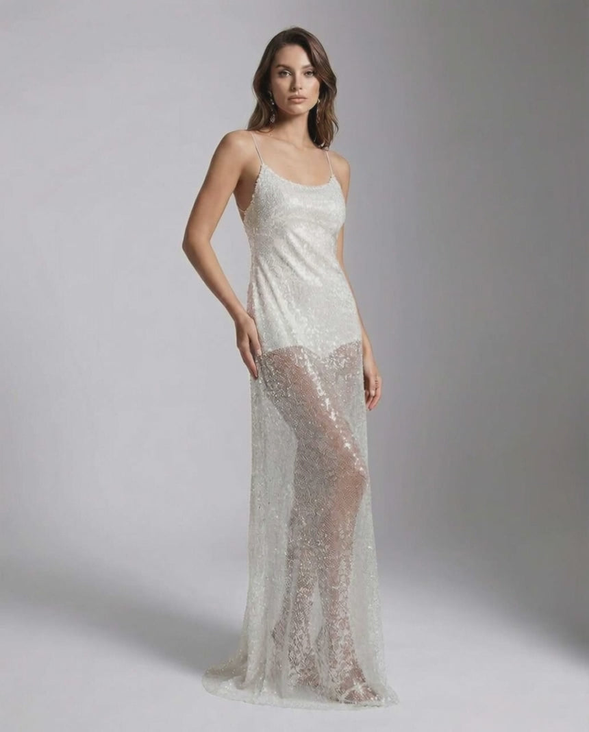 Elara Maxi Dress by Lauven, white sequin dress with strappy back and sheer overlay, elegant and luminous design.