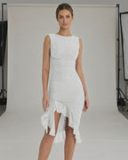 Alina Midi Dress - White ruched dress with ruffle hem from Lauven, offering elegance and a flattering silhouette.