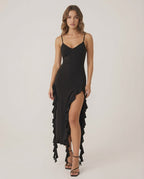 Orion Midi Dress by Lauven featuring elegant ruffle details and a sleek fit in black color.