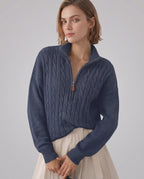 Veloura Sweater by Lauven — women’s cable knit half-zip sweater with ribbed texture and relaxed fit