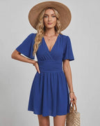 Calista Mini Dress by Lauven — chiffon ruffled short sleeve V-neck A-line mini dress