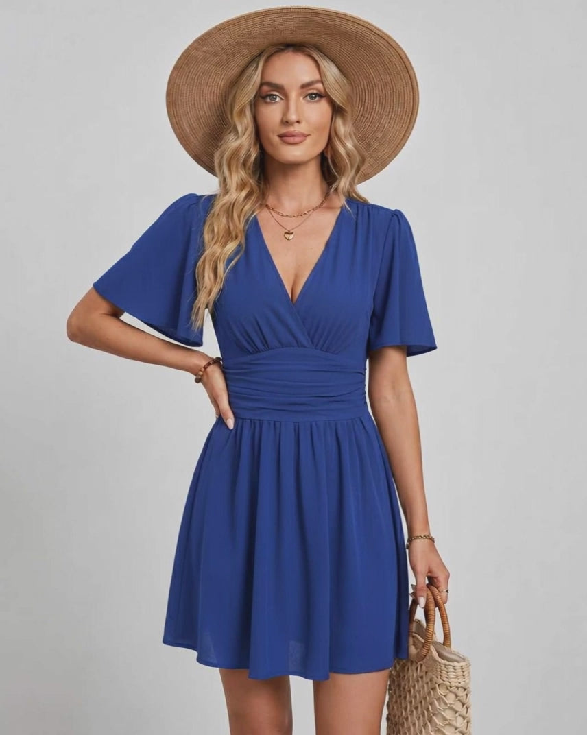 Calista Mini Dress by Lauven — chiffon ruffled short sleeve V-neck A-line mini dress