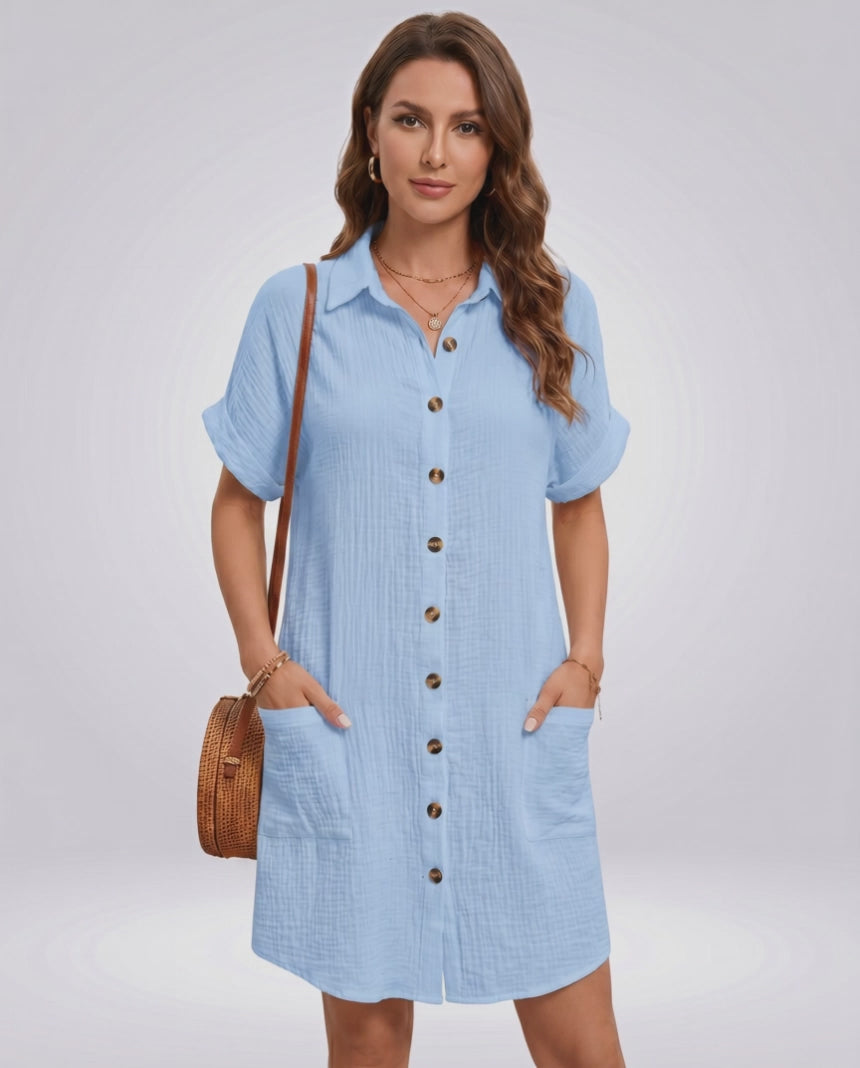 Mariel Mini Dress by Lauven — cotton blend short sleeve turn-down collar straight mini dress