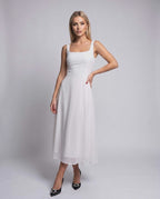 Lunara Midi Dress by Lauven — lightweight chiffon sleeveless square neck A-line midi dress