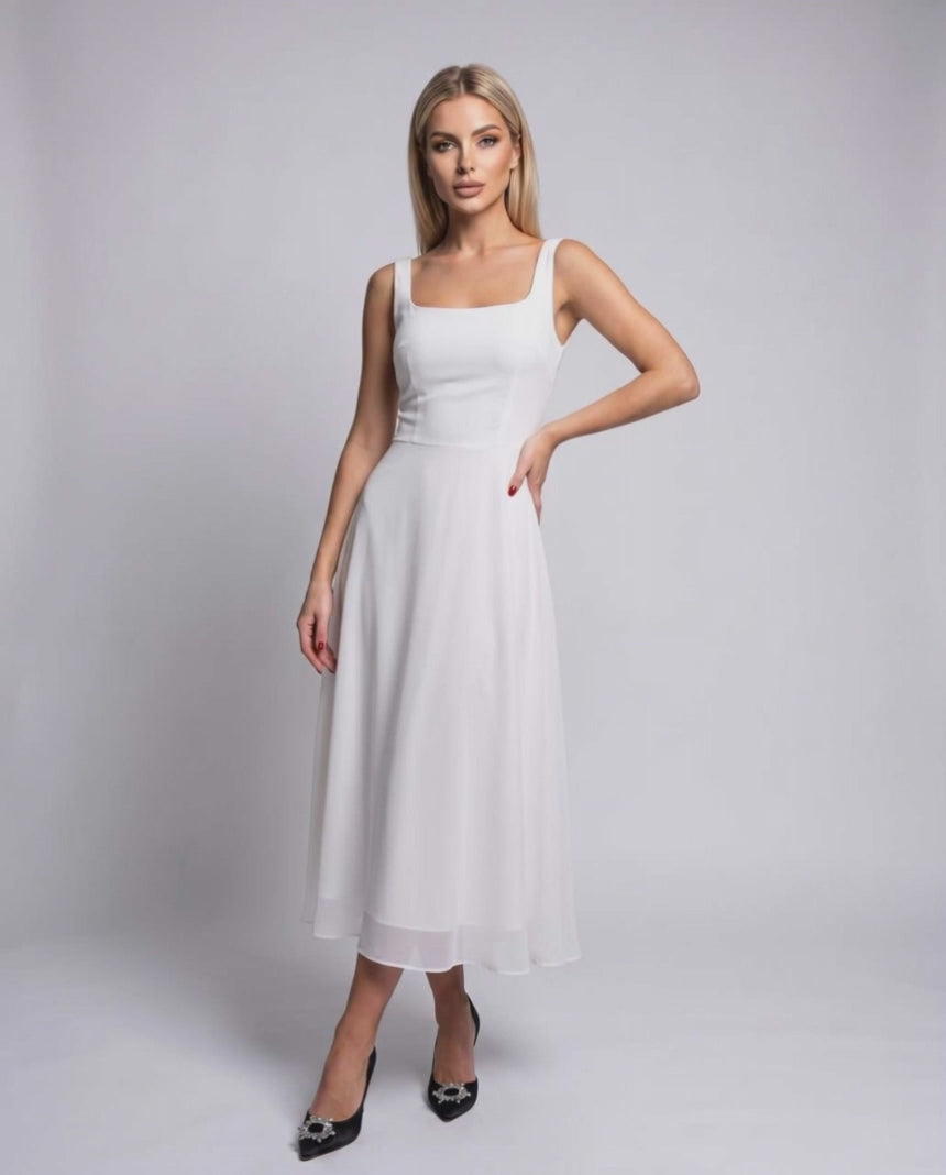 Lunara Midi Dress by Lauven — lightweight chiffon sleeveless square neck A-line midi dress
