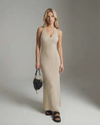 Serena Maxi Dress featuring a ribbed knit texture, V-neckline, and slim fit in delicate beige by Lauven.