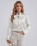 Veloura Blouse by Lauven — women’s satin bow tie neck blouse with long sleeves