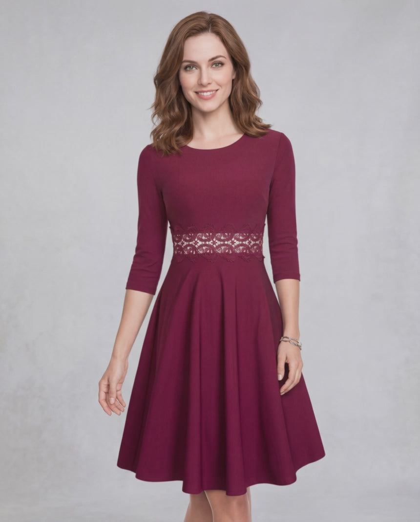 Veloura Midi Dress - Burgundy A-Line silhouette with lace detail, elegant and timeless design by Lauven.