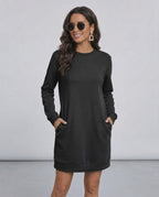 Noir Mini Dress - Lauven Casual Black Sweatshirt Dress with Pockets for Everyday Wear