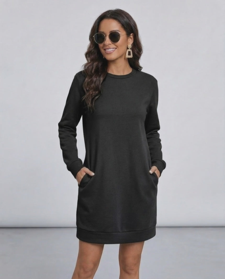 Noir Mini Dress - Lauven Casual Black Sweatshirt Dress with Pockets for Everyday Wear