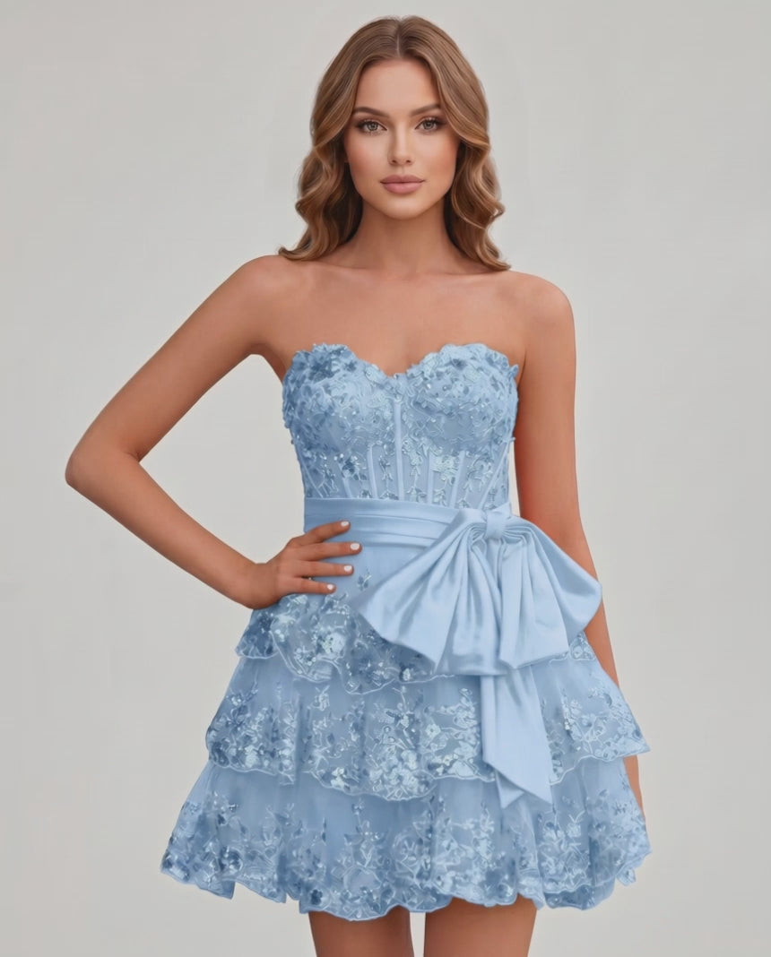 Veloura Mini Dress by Lauven — lace appliqué strapless sweetheart tiered mini dress